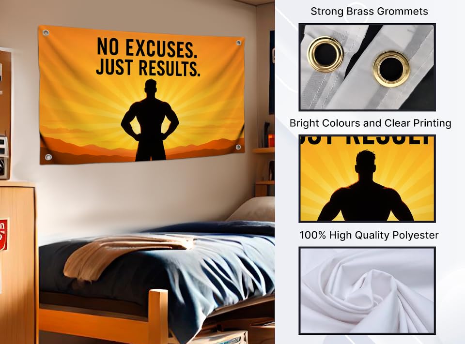 3x5 Feet Motivational Flags with Quote "No Excuses Just Results" with 4 Brass Grommets - Single Sided Cool Poster for Gym and Dorm Room College - Polyester Wall Tapestry Decoration for Gyus
