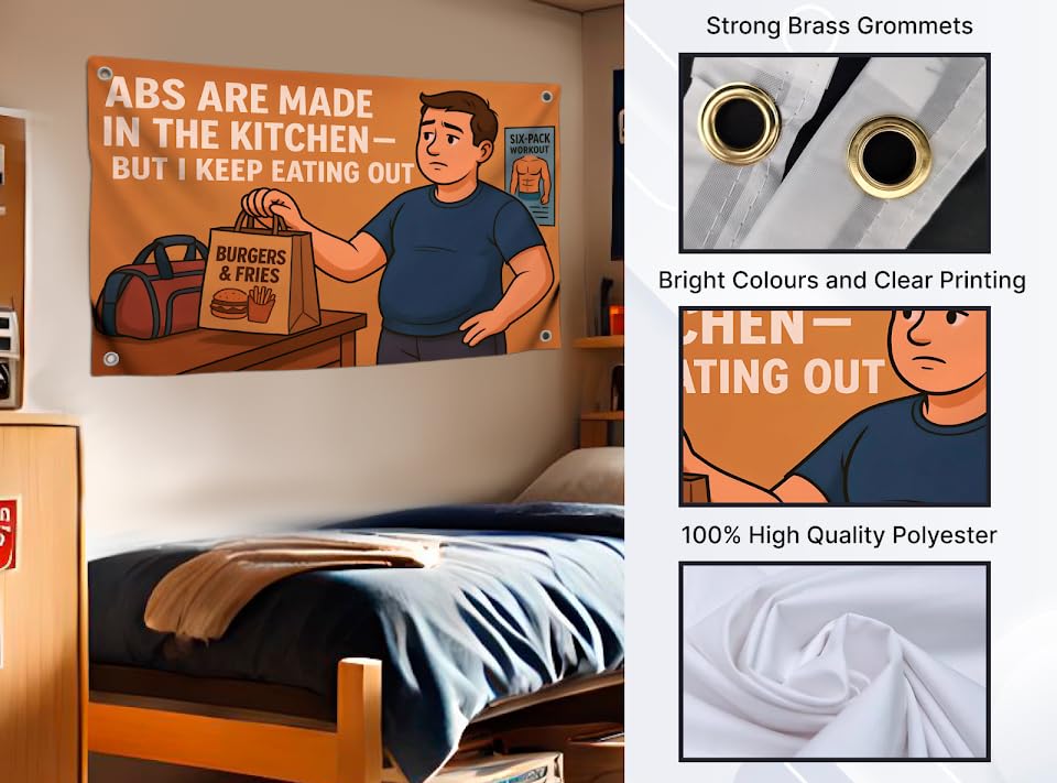 3x5 Feet Motivational Polyester Flag with Quote "ABS Are Made In The Kitchen - But I Keep Eating Out" with Four Brass Grommets - Inspirational Stay with Cool Motivation - Funny Wall Decor for Gym