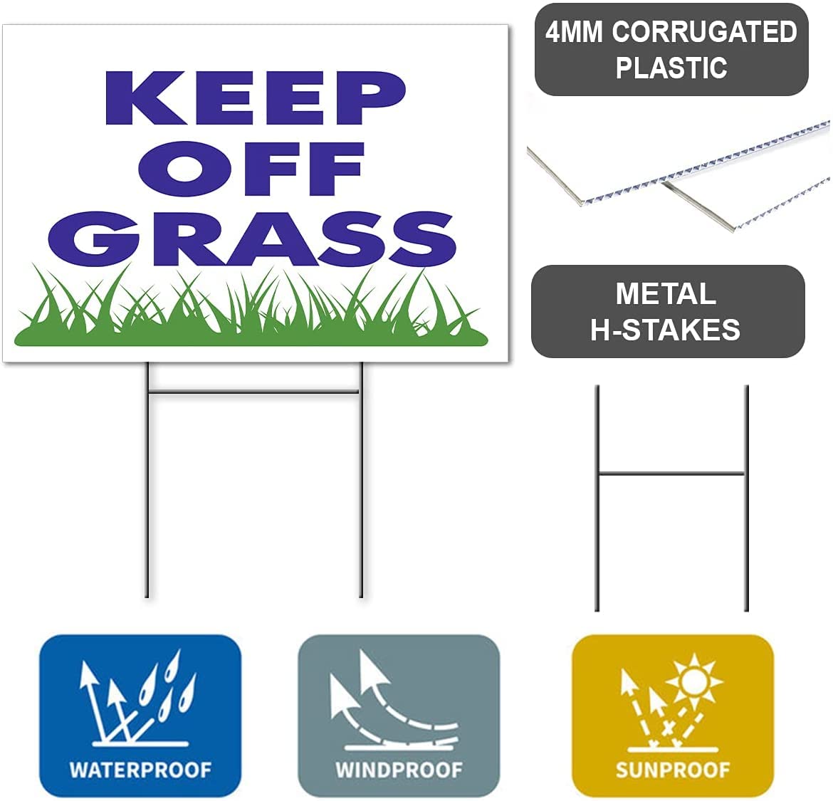 8x12 inch 3X Single Sided Keep Off Grass Sign with H Stakes - Plastic Security Please Stay Off My Grass, Landscaping Fence or Lawn - Dog Walk Off Lawn Do Not Step Signs - No Pet Pooping, Waste or Poop