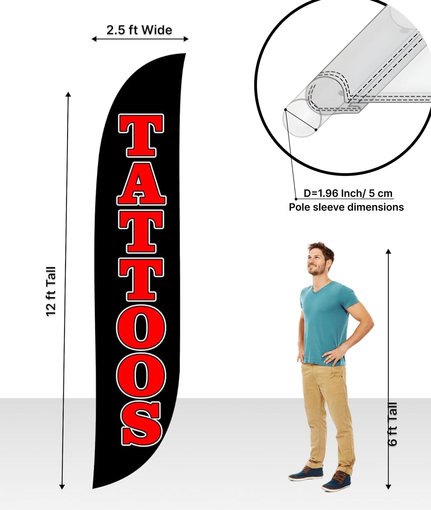 12x2.5 Feet Tall Feather Flags "Tattoos" - Advertising Flags for Outdoor Business and Events Promotion - Swooper Flag Only - Tattoos Polyester Flag