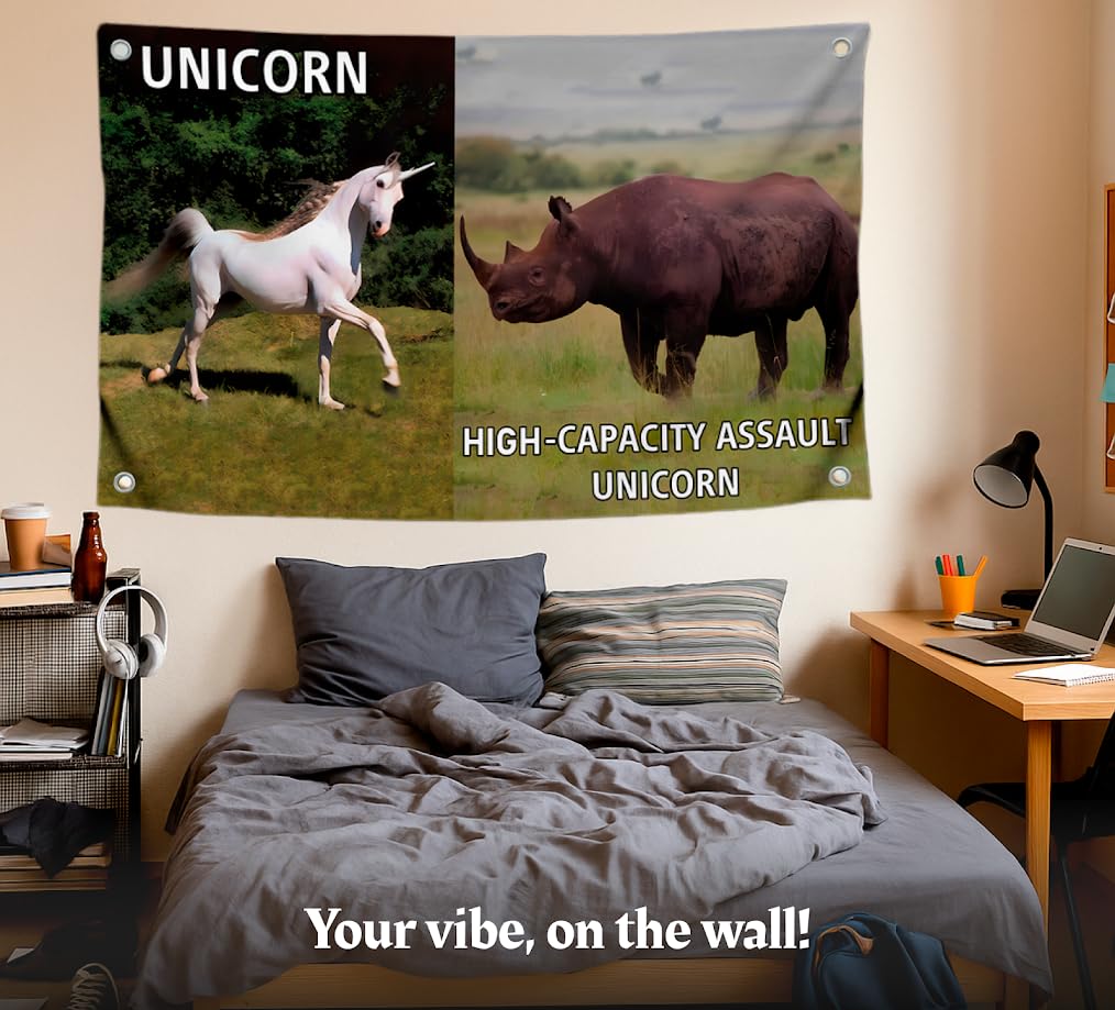 3x5 Feet Animals Flag with Quote "High-Capacity Assault Unicorn" with Four Brass Grommets - Cool Meme Decor Flags for Wall Bedroom - Single Sided Polyester Party Banners for Room Dorm College