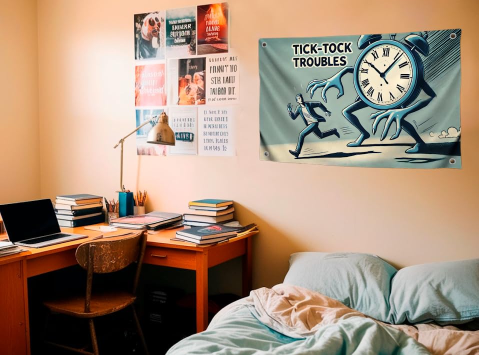 3x5 Feet Polyester Flag with Quote with 4 Brass Grommets - Clock Flag Tick-Tock Troubles - Motivational Tapestry for Those Who are Often Late - Funny Blue Single Sided Banner with Big Alarm Clock