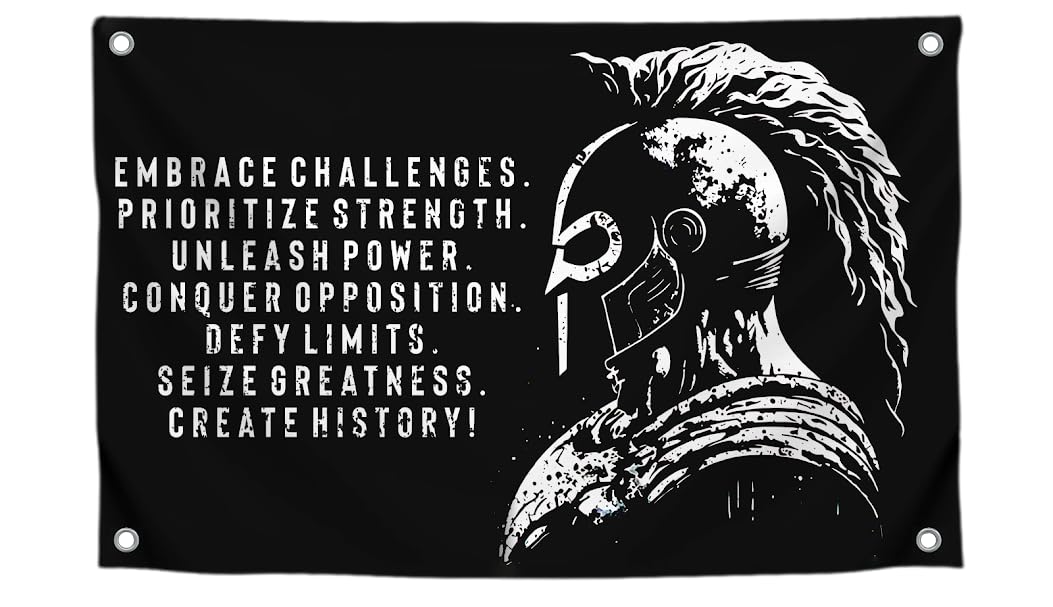 3x5 Ft Embrace Challenges Single Sided Banner with 4 Grommets - Large Motiv Quote Wall Polyester Flag for Home Gym Decor - Wall Flag with Gladiator Image and Quote - Banner Room Decor Aesthetic