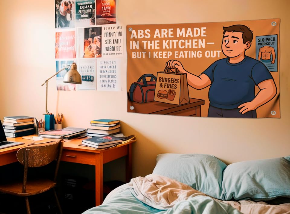 3x5 Feet Motivational Polyester Flag with Quote "ABS Are Made In The Kitchen - But I Keep Eating Out" with Four Brass Grommets - Inspirational Stay with Cool Motivation - Funny Wall Decor for Gym