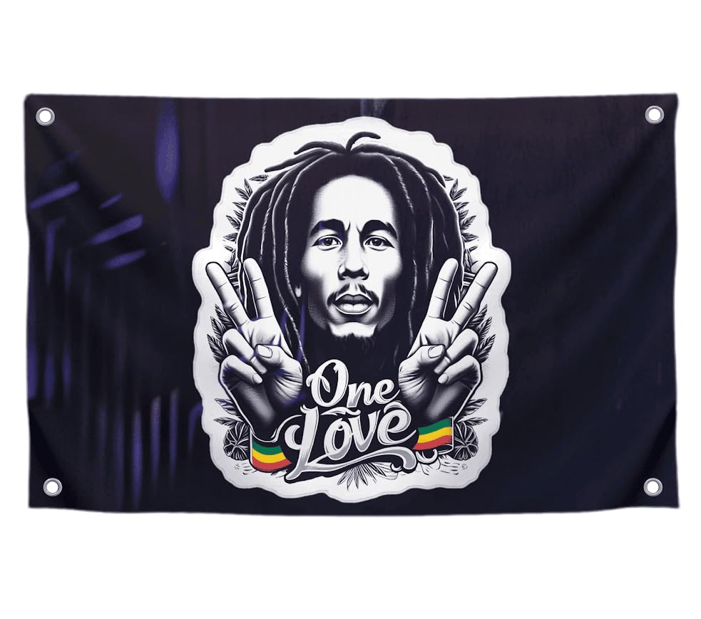 3x5 Feet Marley Wall Hanging Tapestry Flag with One Love with Four Brass Grommets - Aesthetic Rasta Stoners Tapastry - Hippie Decorations Posters for Jamaican Party - Polyester Flag with Men