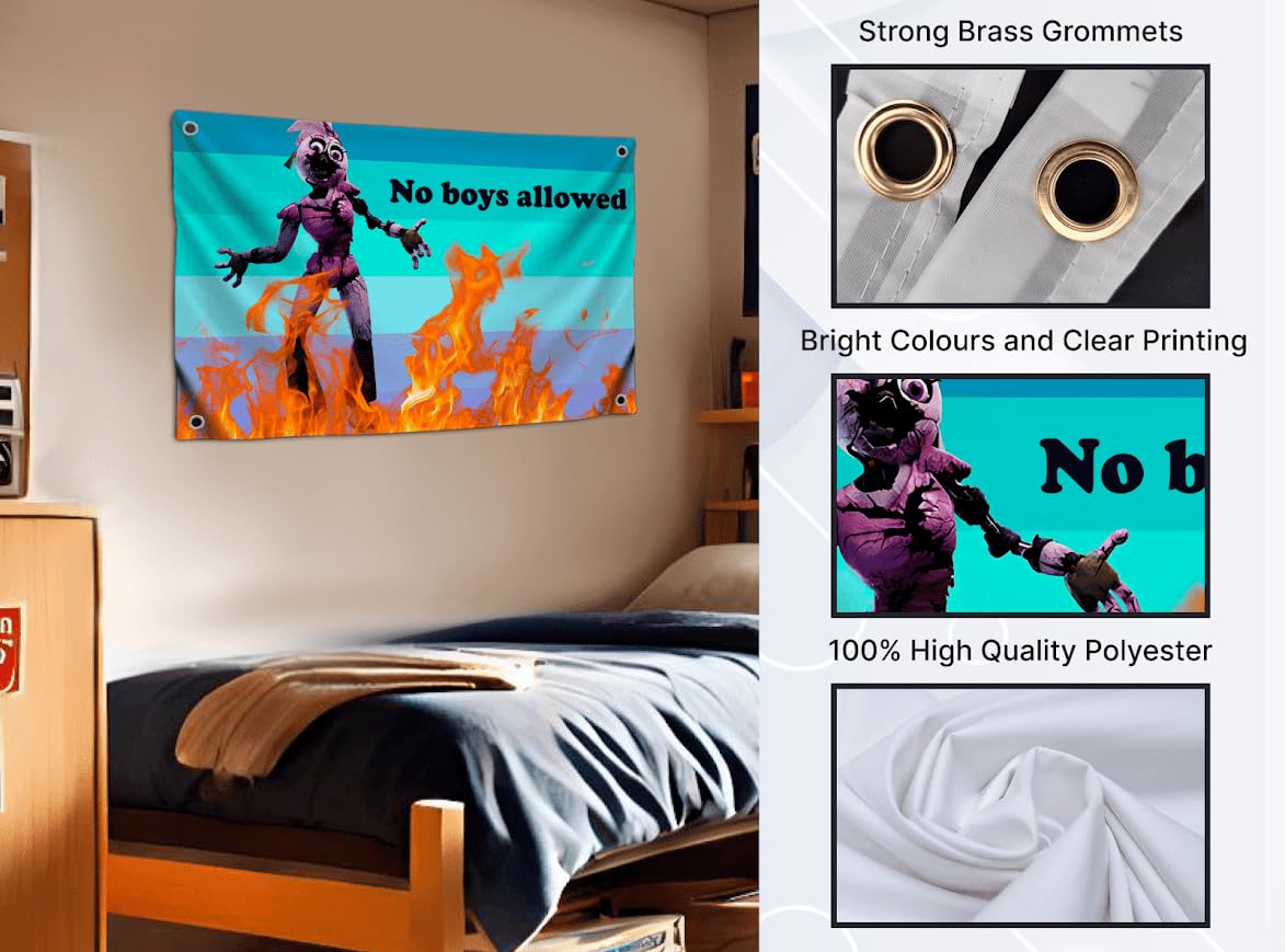 3x5 Feet Funny Fire Quote Flag "No Boys Alloved" with Four Brass Grommets - Polyester Decor for Student Girls Bedroom - Tapestry Banners Can Be Used Indoor or Outdoor - Funny College Dorm Flags