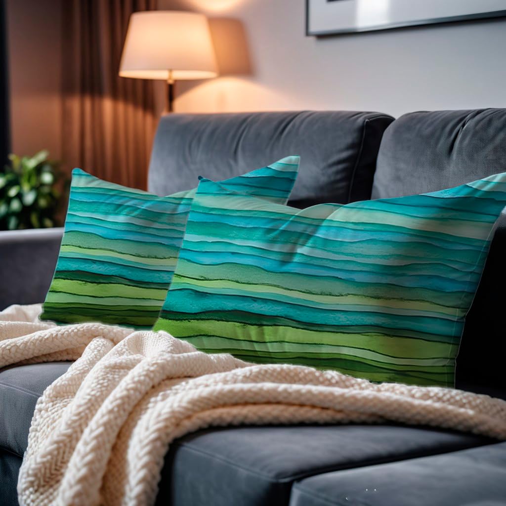 Set of 2 Decorative Throw Pillow Covers 12x20 Inches - Teal Blue Green Pillow Covers in Linen - Watercolor Aqua Waves Brush Lumbar Pillow Cases - Abstract Striped Sea Splash Throw Pillows
