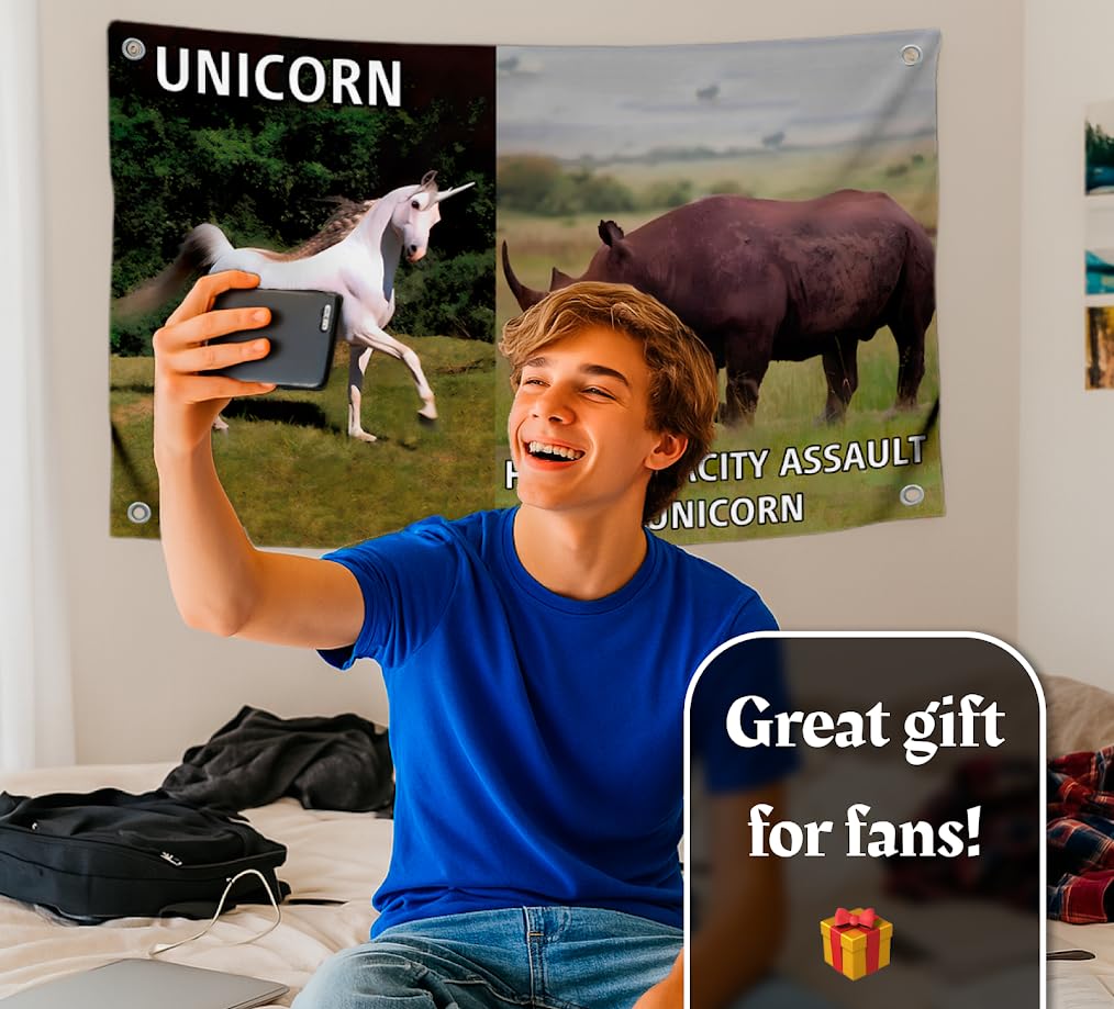 3x5 Feet Animals Flag with Quote "High-Capacity Assault Unicorn" with Four Brass Grommets - Cool Meme Decor Flags for Wall Bedroom - Single Sided Polyester Party Banners for Room Dorm College