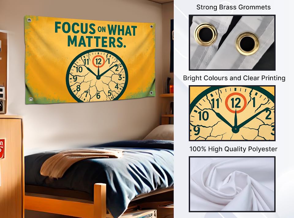 3x5 Ft Wall Flag Motivational with Image Clock Quote "Focus on What Matters" with 4 Brass Grommets - Single Sided Polyester Tapestry for College - Inspirational Banner for Office Gym or Home Decor