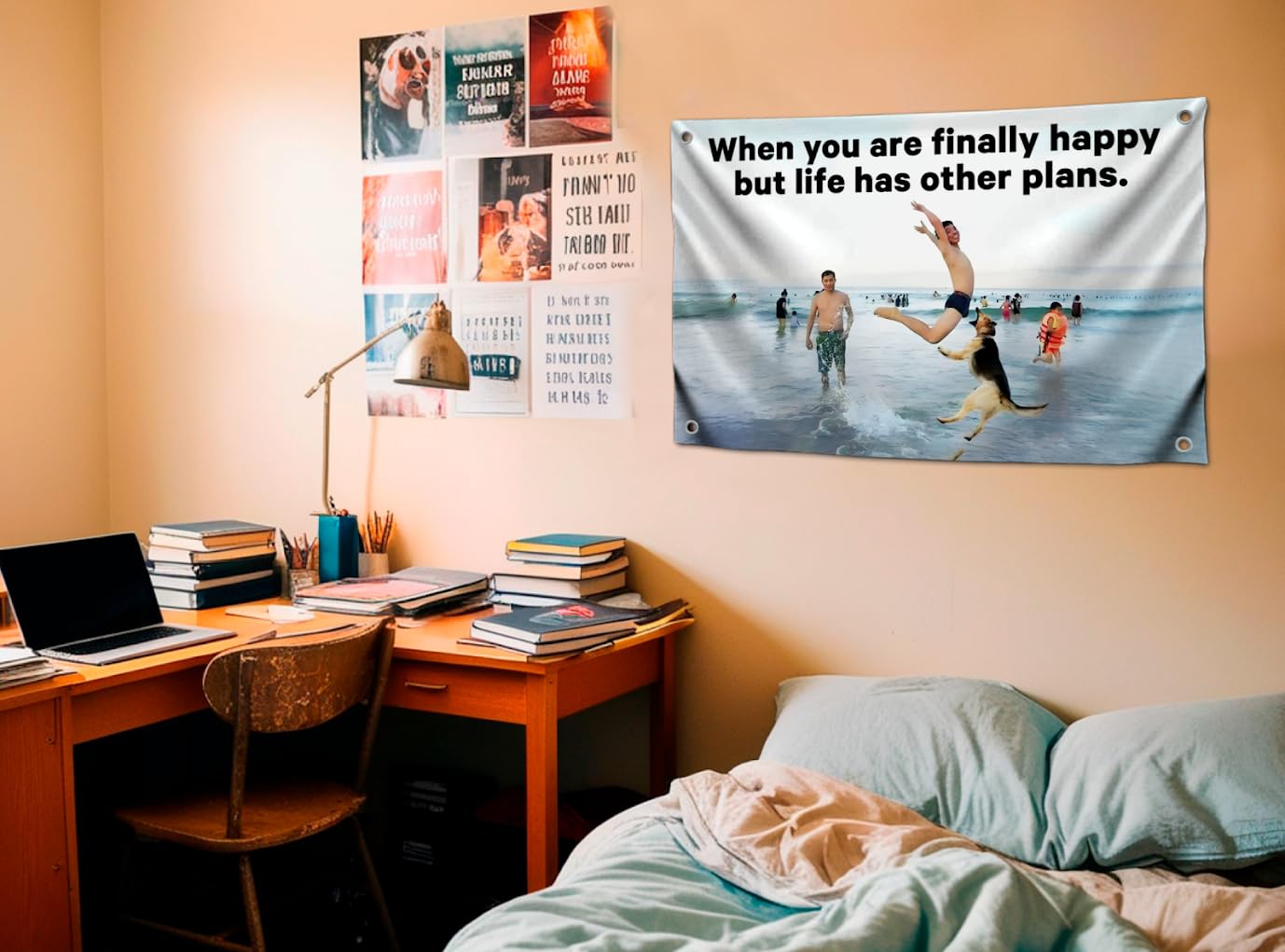 LUIVU 3x5 Funny Quoted Flag 'When You Are Finally Happy But Life Has Other Plans' with Four Brass Grommets - Polyester Dogs Outdoor or Indoor Flag