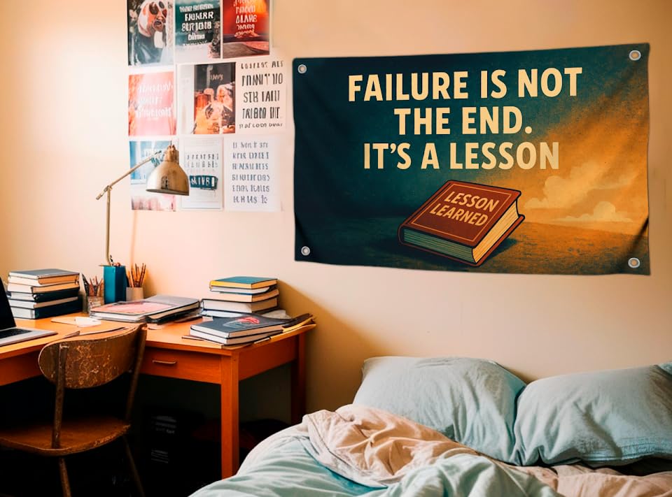 3x5 Feet Motivational Wall Flag with Quote "Failure Is Not the End It’s a Lesson" with 4 Brass Grommets - Single Sided Polyester Tapestry for Bedroom - Motivation Banners for Room Decor Office and Gym