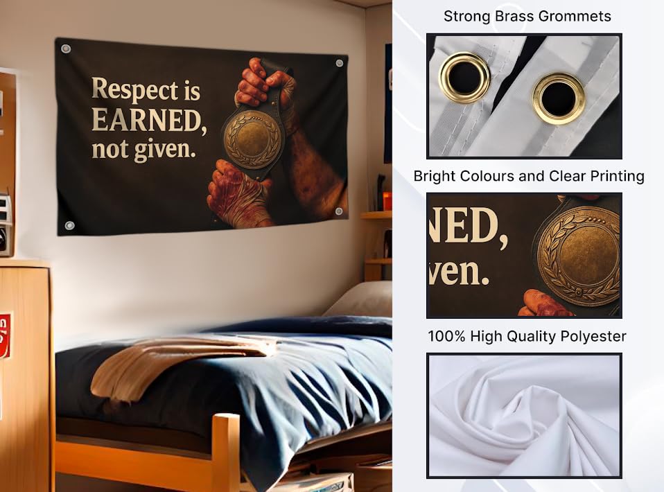 3x5 Feet Flags with Motivational Quote ''Respect is Earned, Not Given.'' with Four Brass Grommets - Single Sided Wall Banner for College Dorm - Polyester Strong Tapestries Cool Decor for Sports Games