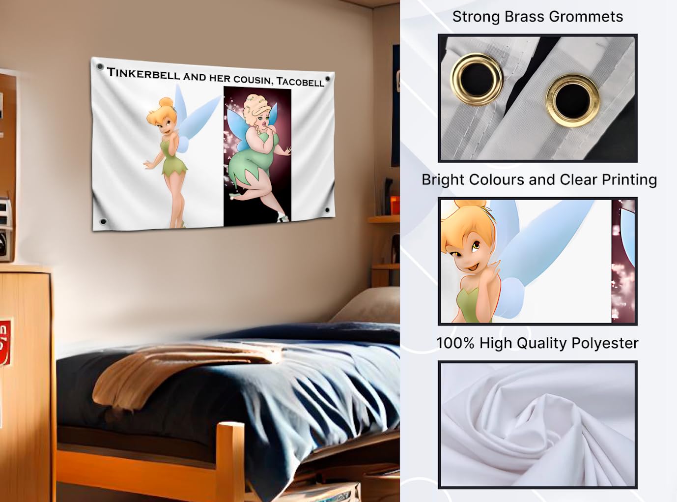3x5 Feet Funny Fairy Quoted Flag "Tinkerbell and Her and Cousin, Tacobell" with Four Brass Grommets - Tapestry Polyester Funny Fairy Outdoor or Indoor Flag - Wall Decorations Meme Flag
