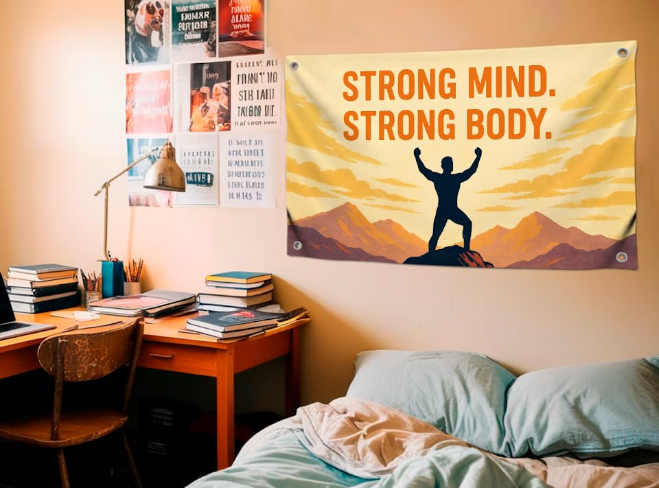3x5 Feet Wall Flags with Quote Motivational "Strong Mind Strong Body" with Four Brass Grommets - Single Sided Cool Funny Banner for Gym Decor and College Room - Polyester Wall Tapestry for Office