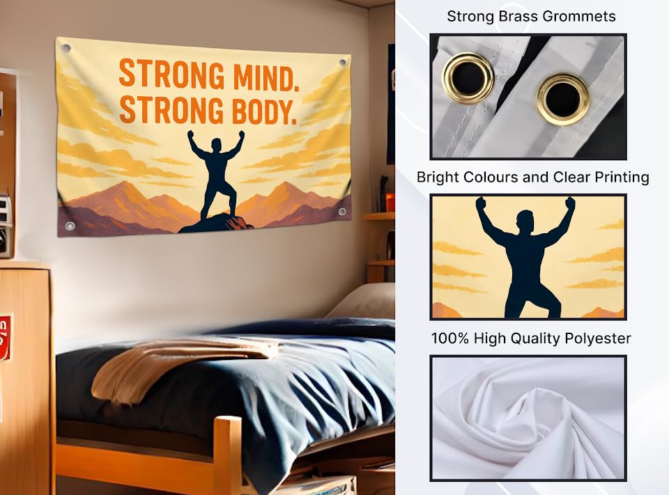 3x5 Feet Wall Flags with Quote Motivational "Strong Mind Strong Body" with Four Brass Grommets - Single Sided Cool Funny Banner for Gym Decor and College Room - Polyester Wall Tapestry for Office