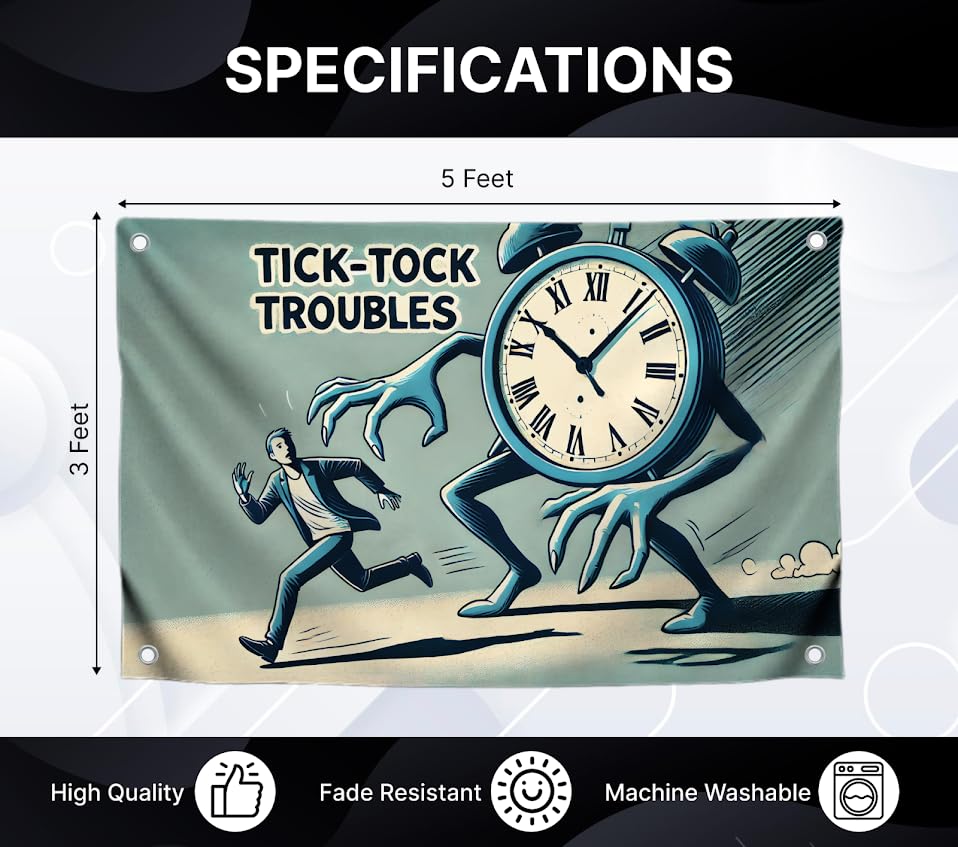 3x5 Feet Polyester Flag with Quote with 4 Brass Grommets - Clock Flag Tick-Tock Troubles - Motivational Tapestry for Those Who are Often Late - Funny Blue Single Sided Banner with Big Alarm Clock