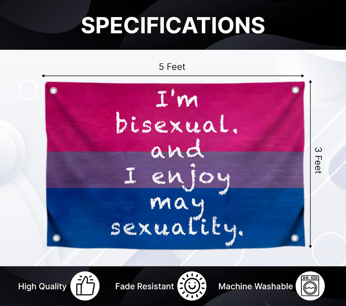 3x5 Feet LGBT Quoted Flag "I'm Bisexual and I Enjoy My Sexuality" with Four Brass Grommets - Tapestry Wall Flags for Decor College Room Guys - Polyester LGBT Banner for Decoration Student Bedroom