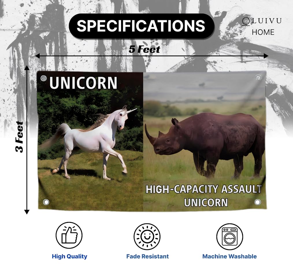 3x5 Feet Animals Flag with Quote "High-Capacity Assault Unicorn" with Four Brass Grommets - Cool Meme Decor Flags for Wall Bedroom - Single Sided Polyester Party Banners for Room Dorm College