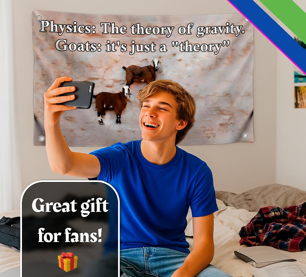 3x5 Feet Goat Meme Flag with Quote "Physics: The Theory Of Gravity - Goats: It's Just A Theory" with Four Brass Grommets - Single Sided Positive Banner for Wall Decoration - Tapestries Flags for Dorm