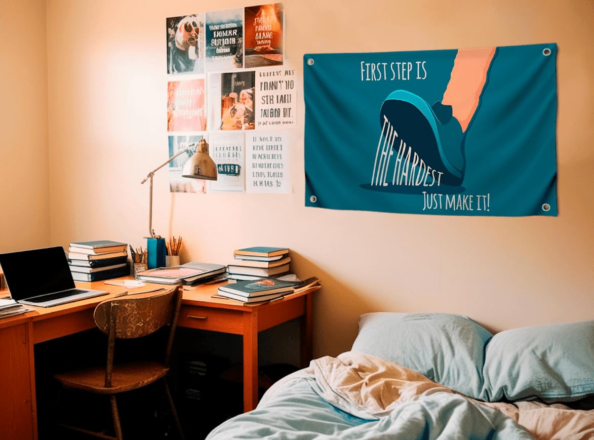 3x5 Ft Motiv Quote Polyester Flag First Step Is The Hardetst Just Make It! with Four Brass Grommets - Inspire Your Workout with this Banner - Perfect Fitnes Wall Decor - Stay Motivated with Cool Flag
