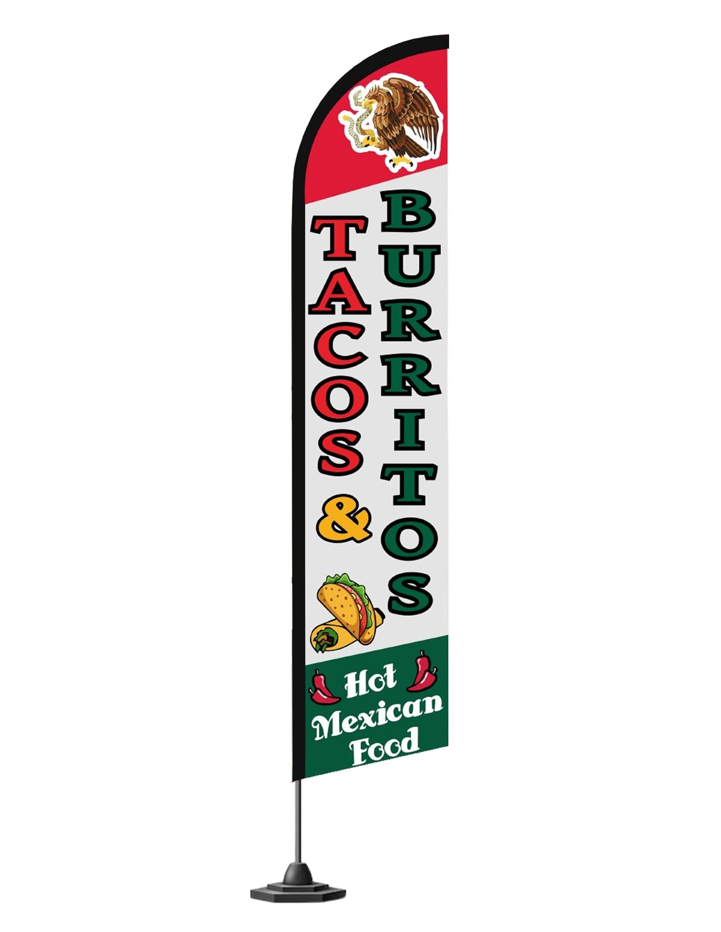 12x2.5 Feet Tall Feather Flags "Tacos & Burritos" - Advertising Replacement Feather Banner - Single Sided Feathers Banners Food Themed - Feathers Flags in Polyester - Flagpole is Not Included