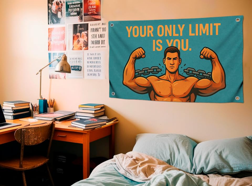 3x5 Feet Motivational Gym Flag with Quote "Your Only Limit Is You" with 4 Brass Grommets - Single Sided Cool Flags Image of Muscular Man Poster for Home Decor - Gym Wall Tapestry for Outdoor or Indoor