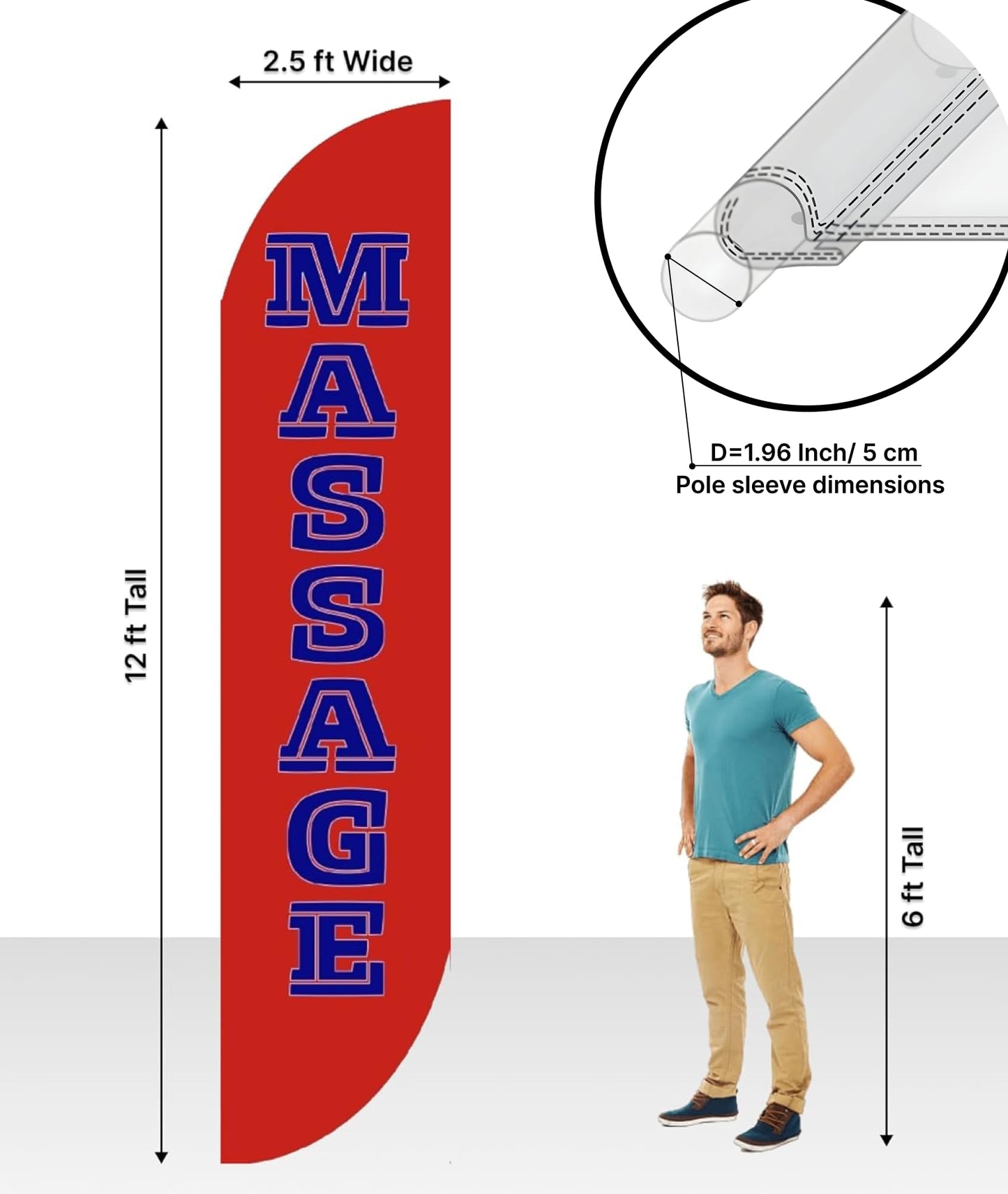12x2.5 Feet Red Tall Feather Polyester Flags "Massage" - Tall Advertising Flags for Outdoor Business and Events Promotion - Single Sided Feathers Banners Massage Themed - Flagpole is Not Included