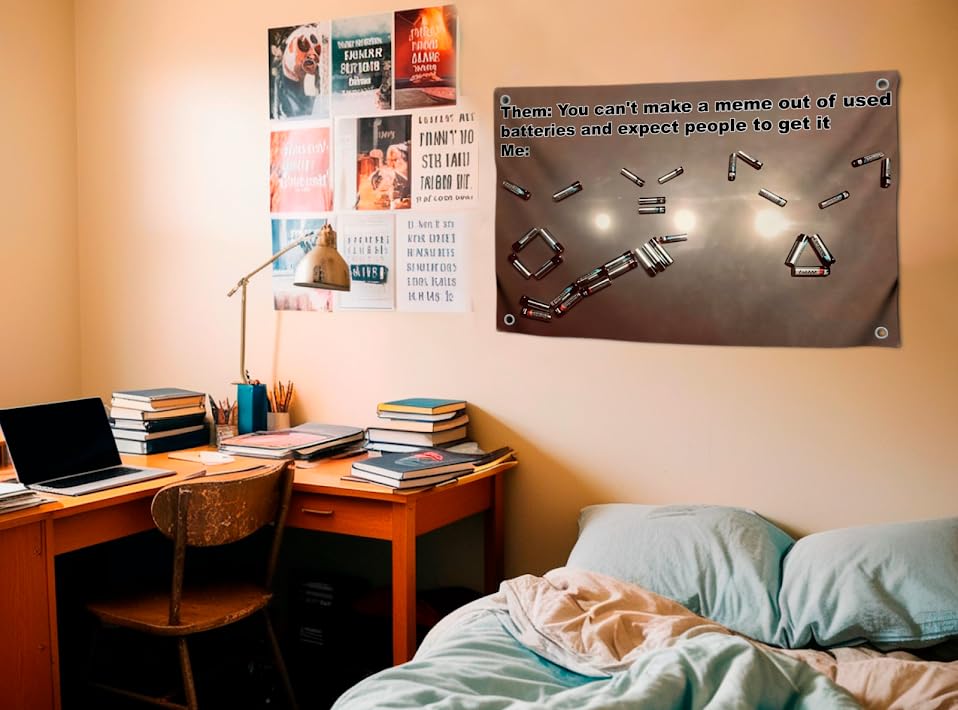 3x5 Feet Meme Batteries Flag with 4 Brass Grommets - Single Sided Polyester Funny Flags for Bedroom in the College Dorm Students - Cool Tapestry Motivational Banner for Room Living Decoration