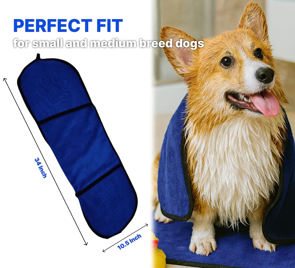 34 x 10.50 inches Blue Dog Towel for Drying - Perfect Dogs Shower Supplies - Soft and Quick Drying Pet Grooming Towel - Animals Grooming Bath with Comfortable Hand Pockets and Absorbent Microfibers