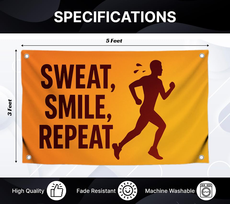 3x5 Feet Cool Flag with Quote Motivational "Sweat Smile Repeat" with Four Brass Grommets - Single Sided Wall Flags Banner for Gym Decor and College Room - Polyester Cool Wall Tapestry for Man Cave