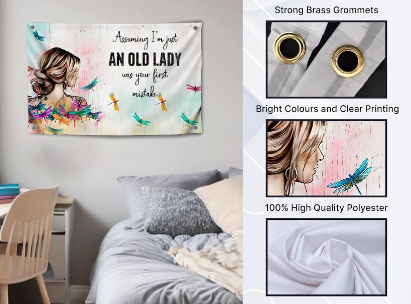 3x5 Ft Birthday Single Sided Polyester Flag "Assuming I'm Just An Old Lady Was Your First Mistake" with 4 Grommets - Funny Birthday Decor for Wall Living Room - Women Hippie Boho Banner for Badroom