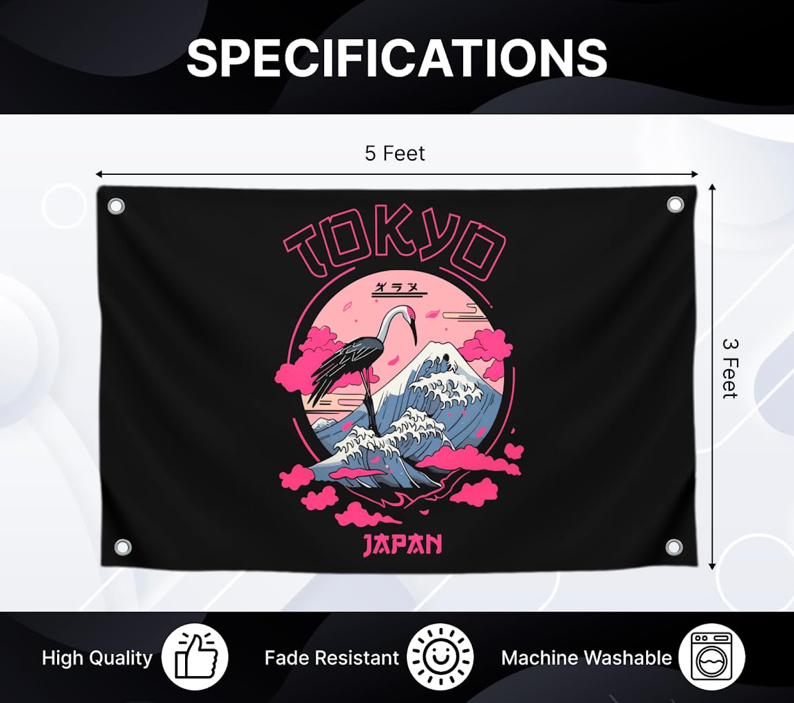 3x5 Ft Black and Pink Tokyo Polyester Flag with 4 Brass Grommets - Japan Design for Wall Decoration - Japan Country Flags - Banner with Image Crane Against the of Mountains - Cool Flags for Decor Home