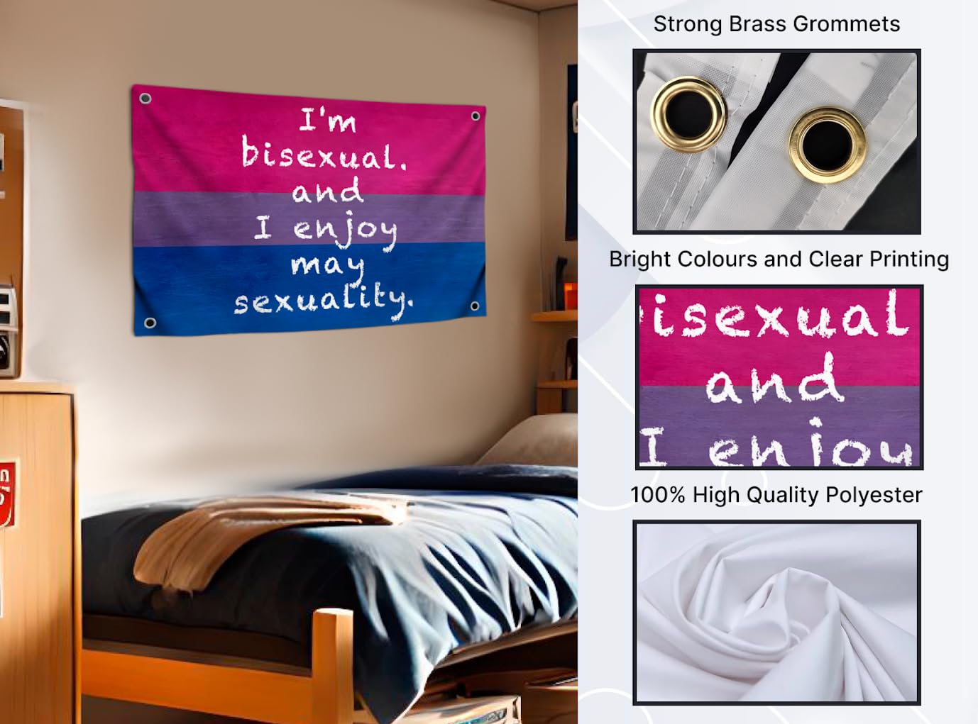 3x5 Feet LGBT Quoted Flag "I'm Bisexual and I Enjoy My Sexuality" with Four Brass Grommets - Tapestry Wall Flags for Decor College Room Guys - Polyester LGBT Banner for Decoration Student Bedroom