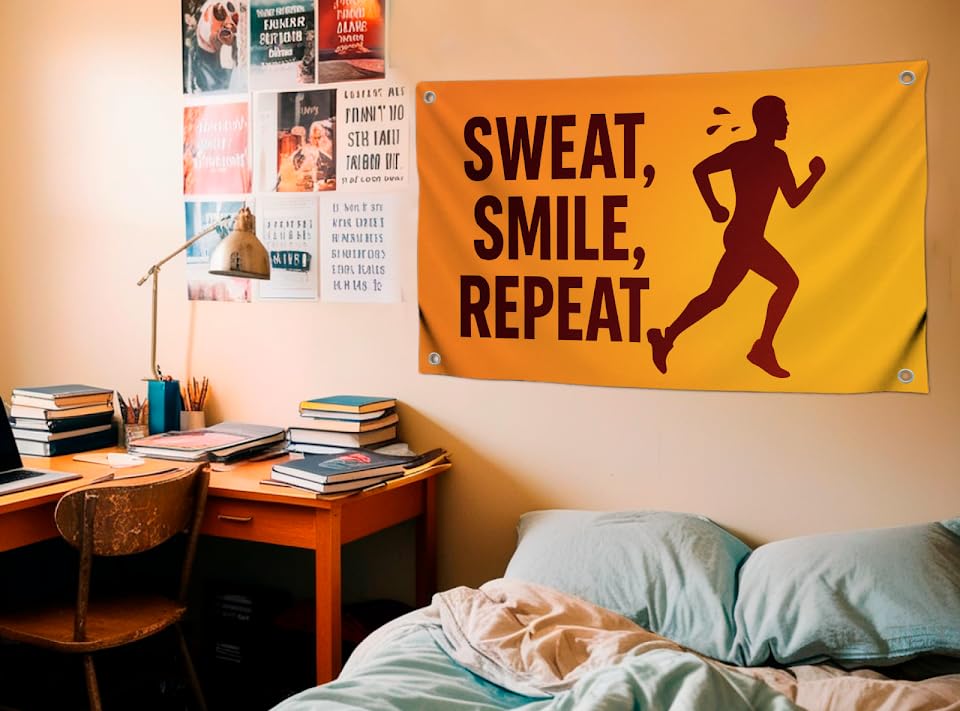 3x5 Feet Cool Flag with Quote Motivational "Sweat Smile Repeat" with Four Brass Grommets - Single Sided Wall Flags Banner for Gym Decor and College Room - Polyester Cool Wall Tapestry for Man Cave