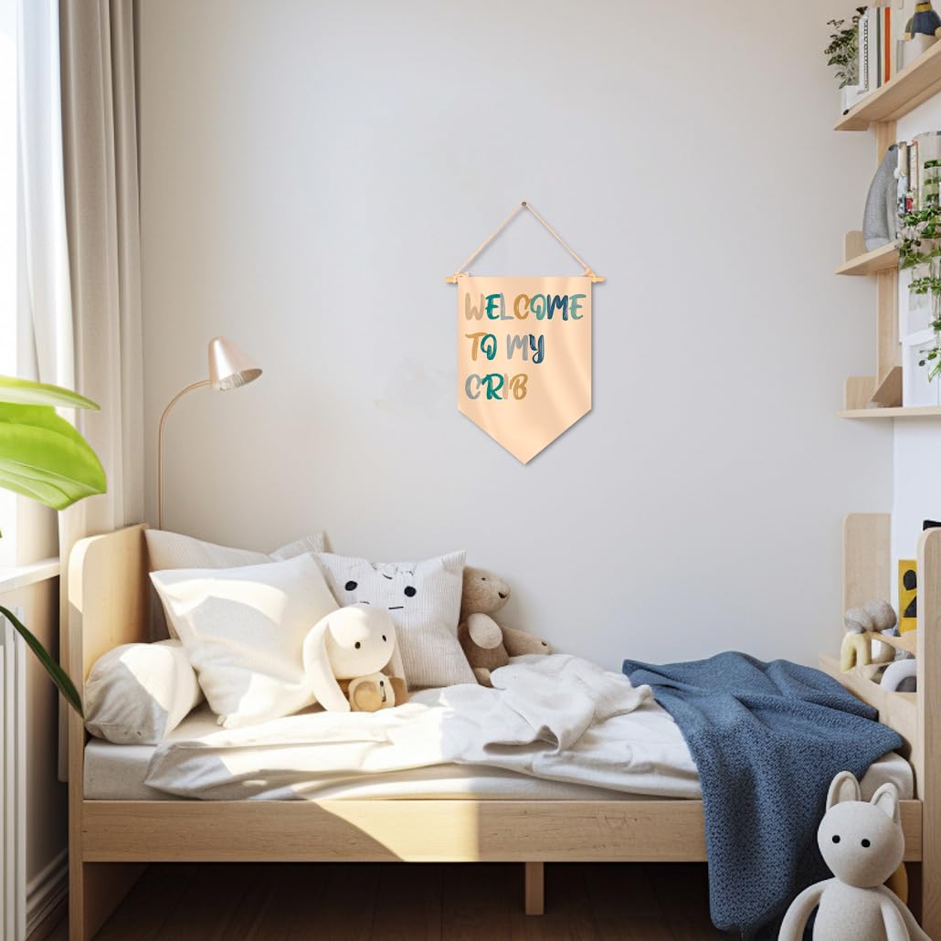 15.4"L x 11.1"W Hanging Pennant with Welcome to My Crib - Hanging Flag Wall Decor or Gift for Nursery Baby Kids Boy - Pennant Flag Wall Art Banner