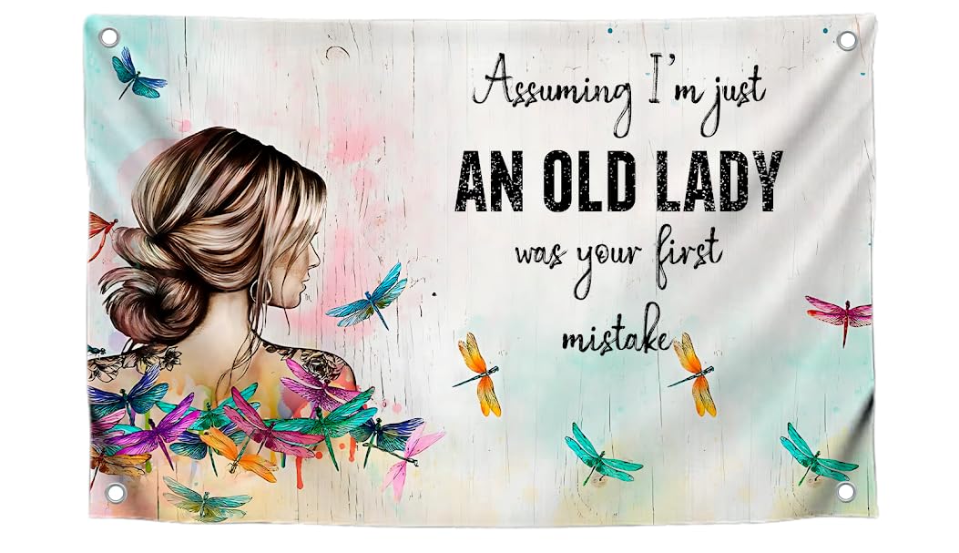 3x5 Ft Birthday Single Sided Polyester Flag "Assuming I'm Just An Old Lady Was Your First Mistake" with 4 Grommets - Funny Birthday Decor for Wall Living Room - Women Hippie Boho Banner for Badroom