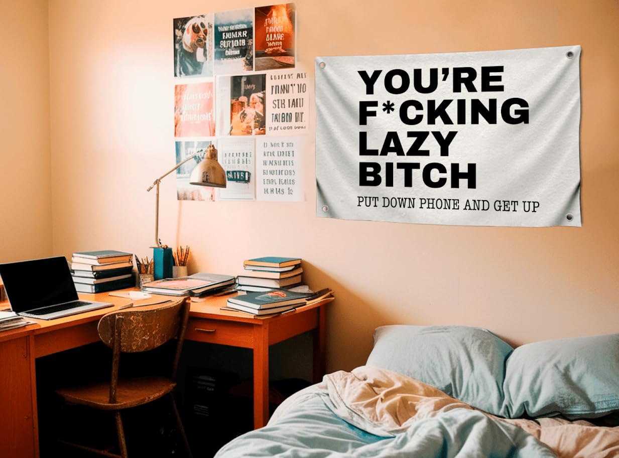 3x5 Feet Quoted Polyester Flag "You're F*cking Lazy Bitch" with Four Brass Grommets - Motivational Positive Quotes for Gym - Funny Quote Wall Decoration for Home or Office - Tapestry Quoted Banner