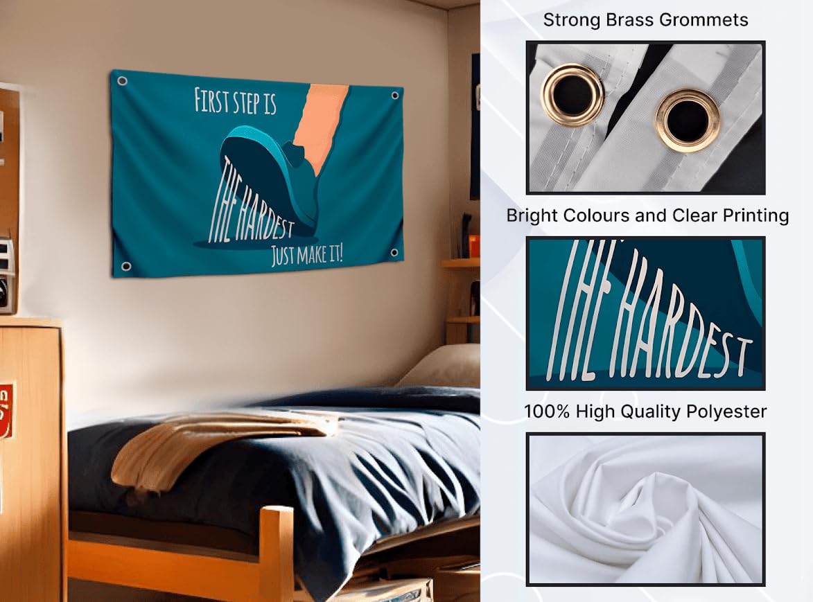 3x5 Ft Motiv Quote Polyester Flag First Step Is The Hardetst Just Make It! with Four Brass Grommets - Inspire Your Workout with this Banner - Perfect Fitnes Wall Decor - Stay Motivated with Cool Flag