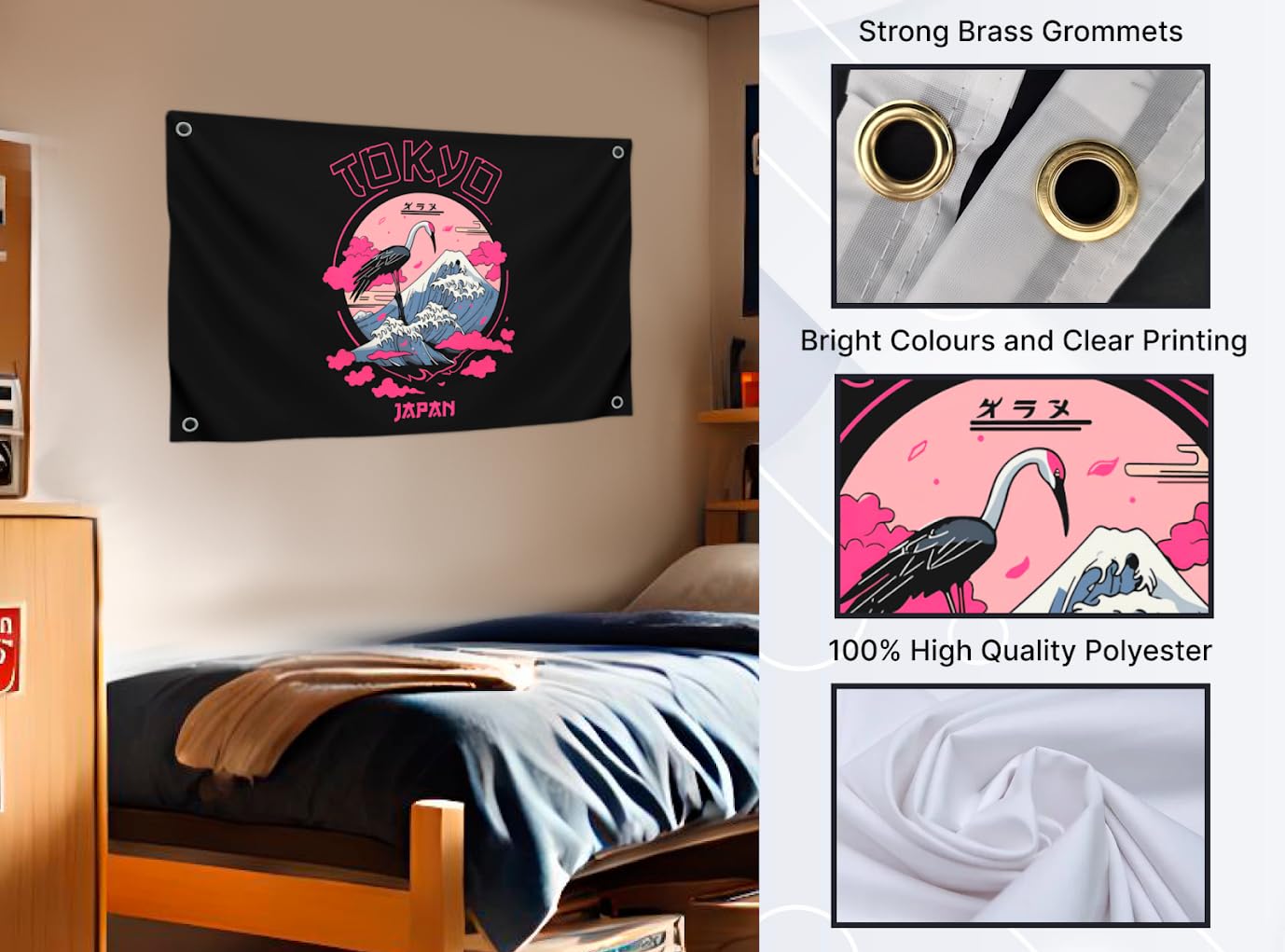 3x5 Ft Black and Pink Tokyo Polyester Flag with 4 Brass Grommets - Japan Design for Wall Decoration - Japan Country Flags - Banner with Image Crane Against the of Mountains - Cool Flags for Decor Home