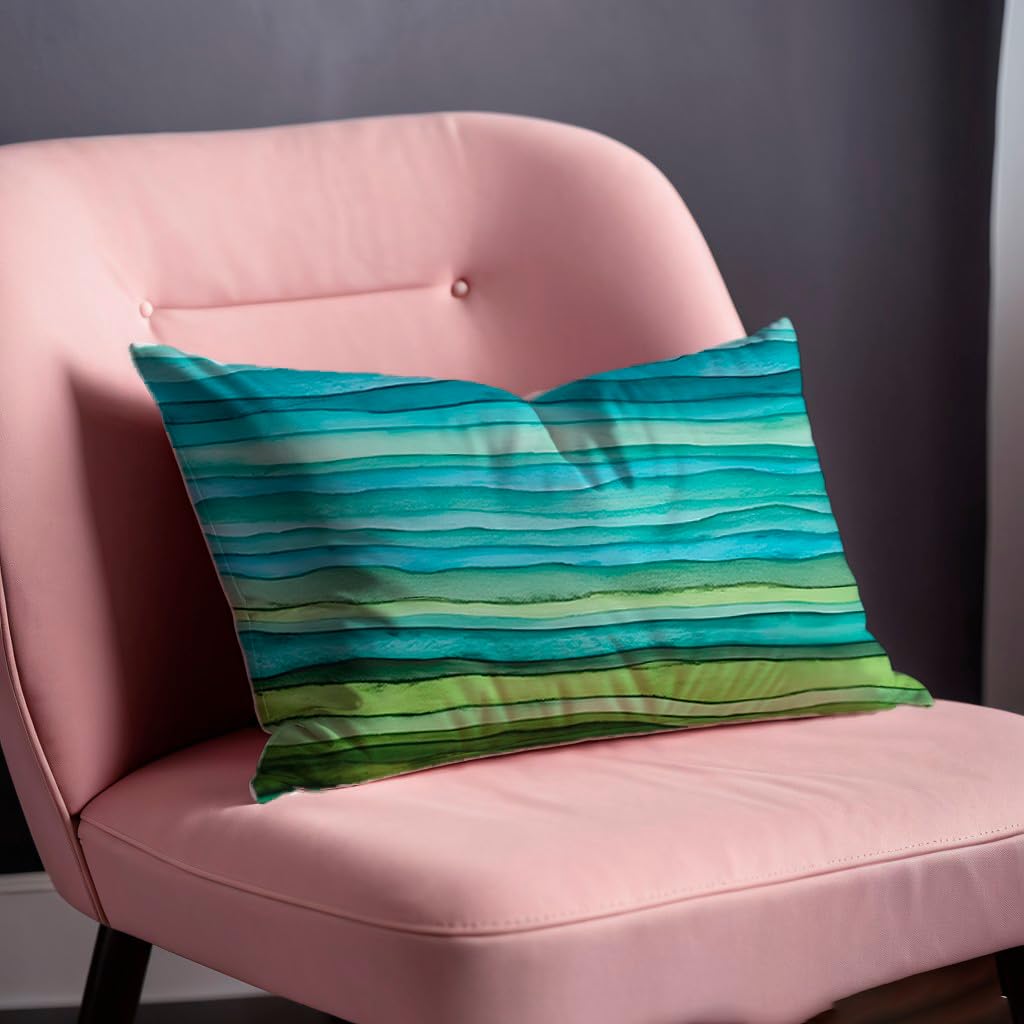 Set of 2 Decorative Throw Pillow Covers 12x20 Inches - Teal Blue Green Pillow Covers in Linen - Watercolor Aqua Waves Brush Lumbar Pillow Cases - Abstract Striped Sea Splash Throw Pillows