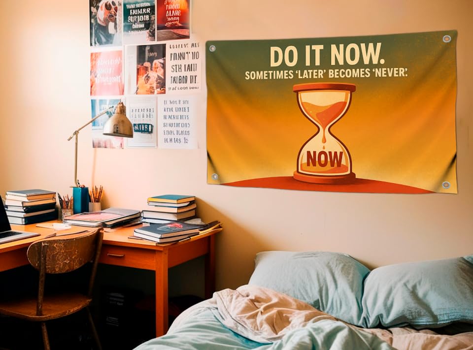 3x5 Ft Flag Motivational with Hourglass Quote "Do It Now Sometimes Later Becomes Never" with 4 Brass Grommets - Single Sided Cool Poster for Gym and College Dorm - Polyester Wall Tapestry for Office