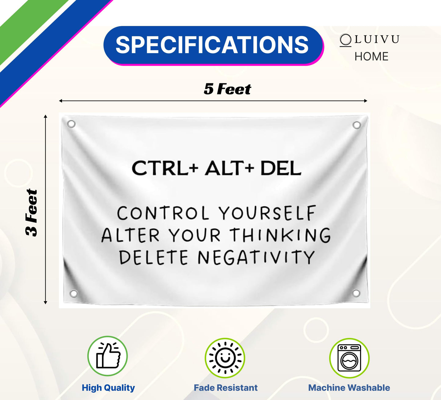 3x5 Ft Office Wall Single Sided Flag "Control Yourself Alter Your Thinking Delete Negativity" with 4 Grommets - Motivational Sayings Funny Quotes Wall Decor - Positive Successful Polyester Banners