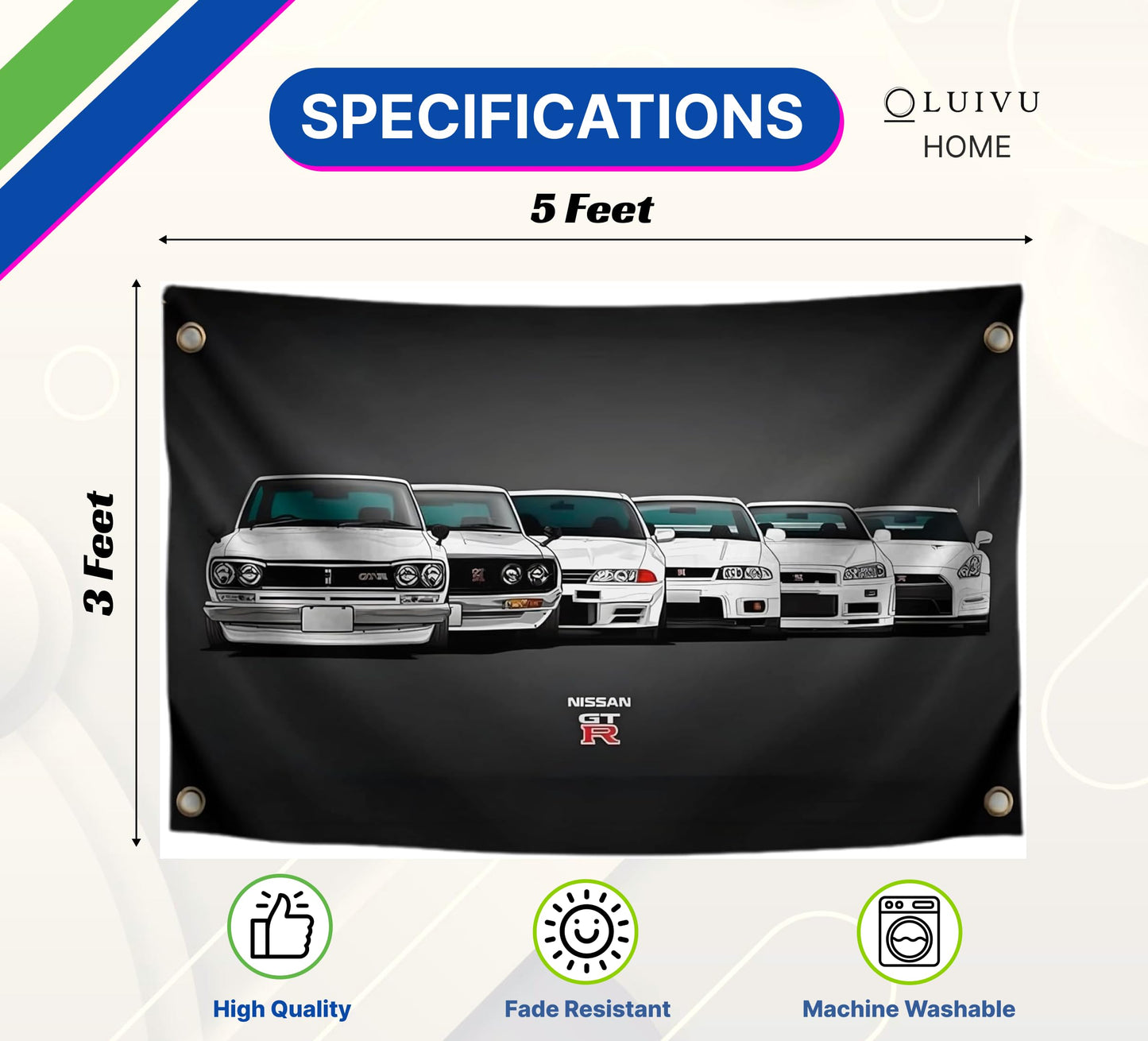 Car Flag 3×5 Feet Banner with 4 Brass Grommets - Car Poster Wall Single Sided Tapestry Outdoor or Indoor for Room Man and Guys - Cool Polyester Racing Flag Banner For Outside on Inside Home Decoration