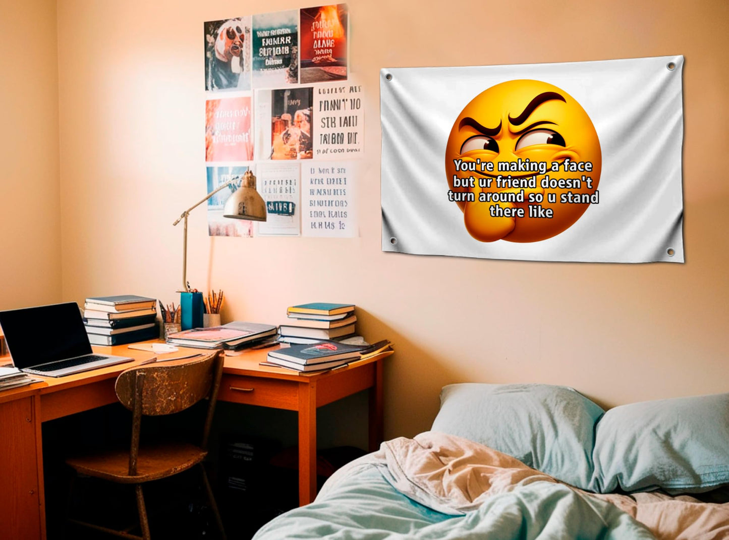 3x5 Feet Meme Polyester Flag "Youre Making a Face But Ur Friend Doesnt Turn Around So U Stand There Like" with 4 Grommets - Emojis Smile Single Sided Banner for Wall - Cool Flags for Decor Boys Room