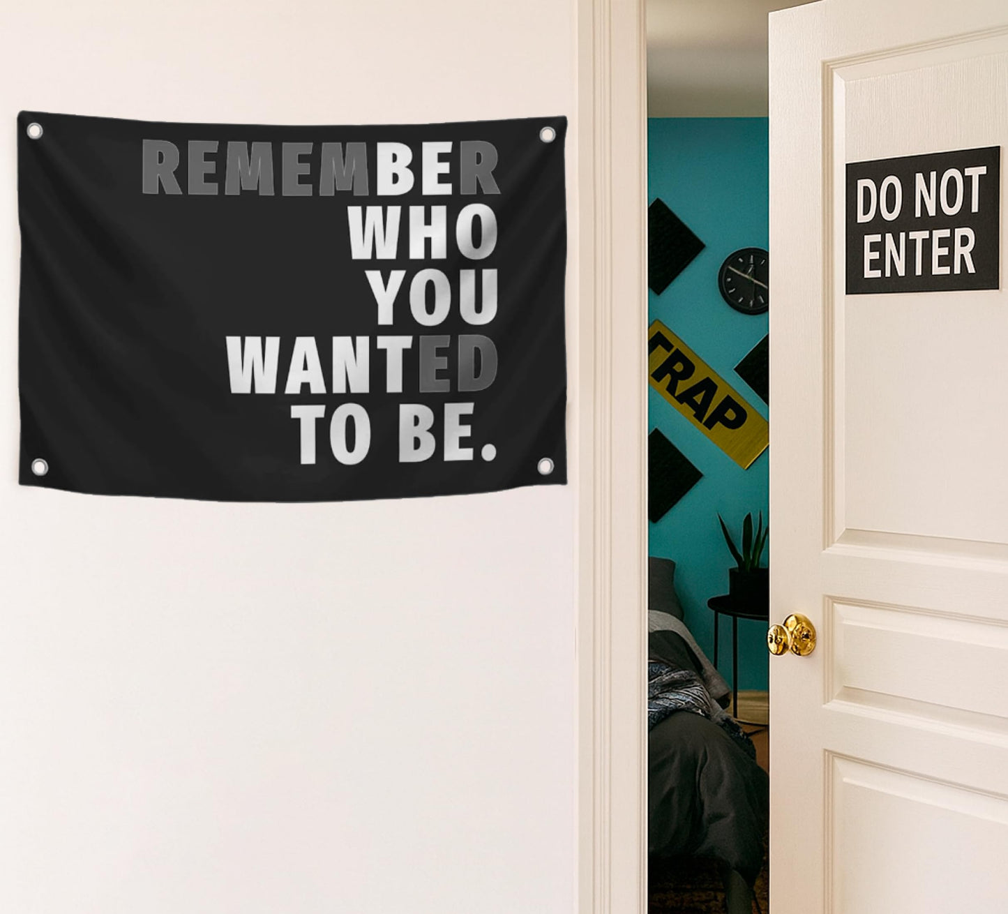 3x5 Feet Black Quoted Polyester Flag Remember Who You Wanted To Be with Four Brass Grommets - Be Who You Want To Be Quote Wall Banner - Black Posters for Man Cave - Motivational Wall Art for Bedroom
