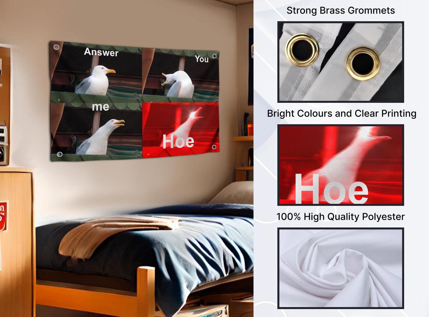 3x5 Ft Answer Me You Hoe Tapestry Single Sided Flag with 4 Grommets - Seagull with a Malevolent Laugh Meme Polyester Banner - Tapestry Birds with Smile Meme Wall Decor - Seagull Tapestry For Classroom