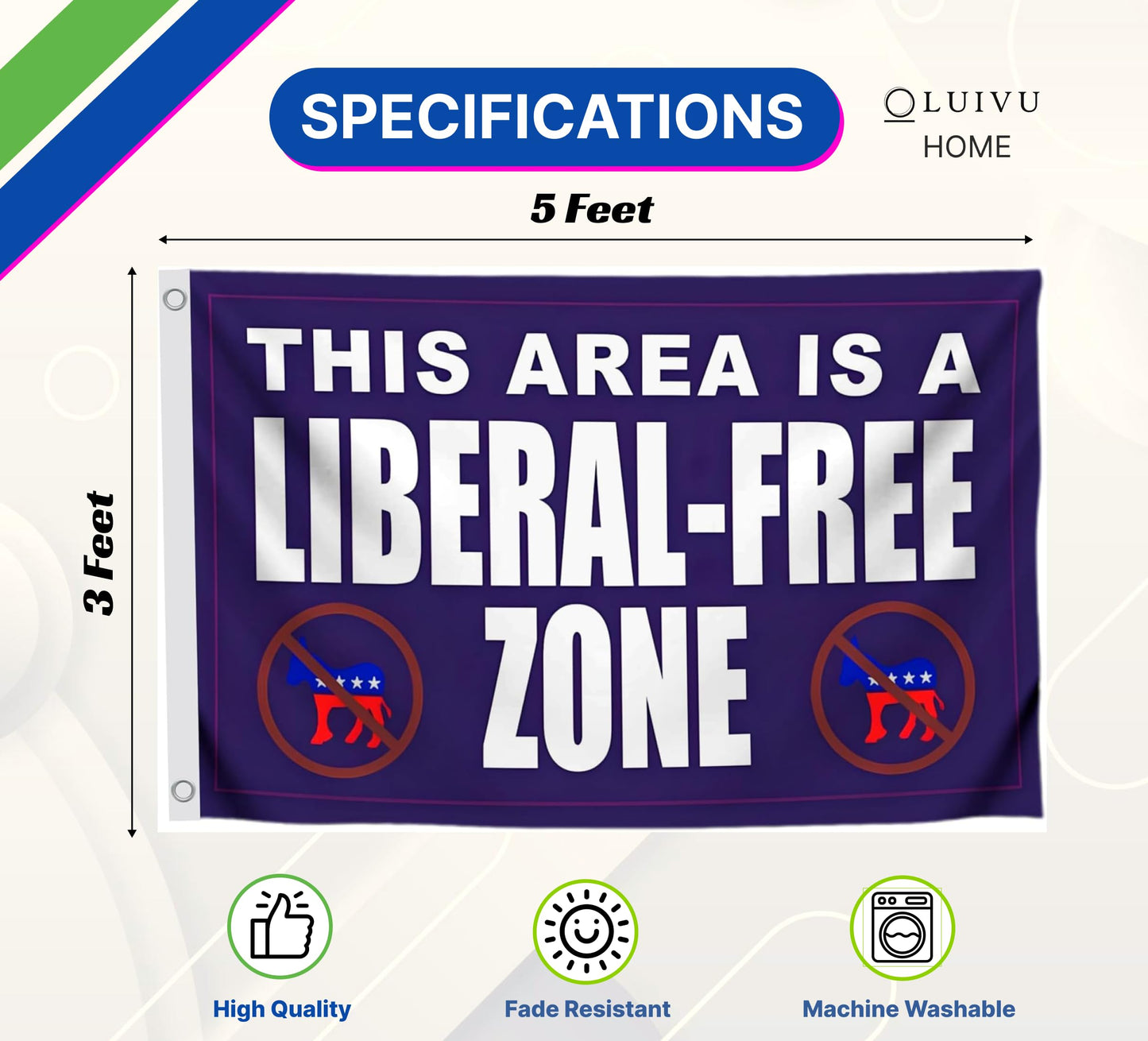 This Area Is a Liberal Free Zone - Anti Conservative Yard Garden Flag 3x5 Ft Polyester - Single Sided Tapestries Cool Posters Political Flags with 2 Brass Grommets Confederate or Man Cave Room Banner
