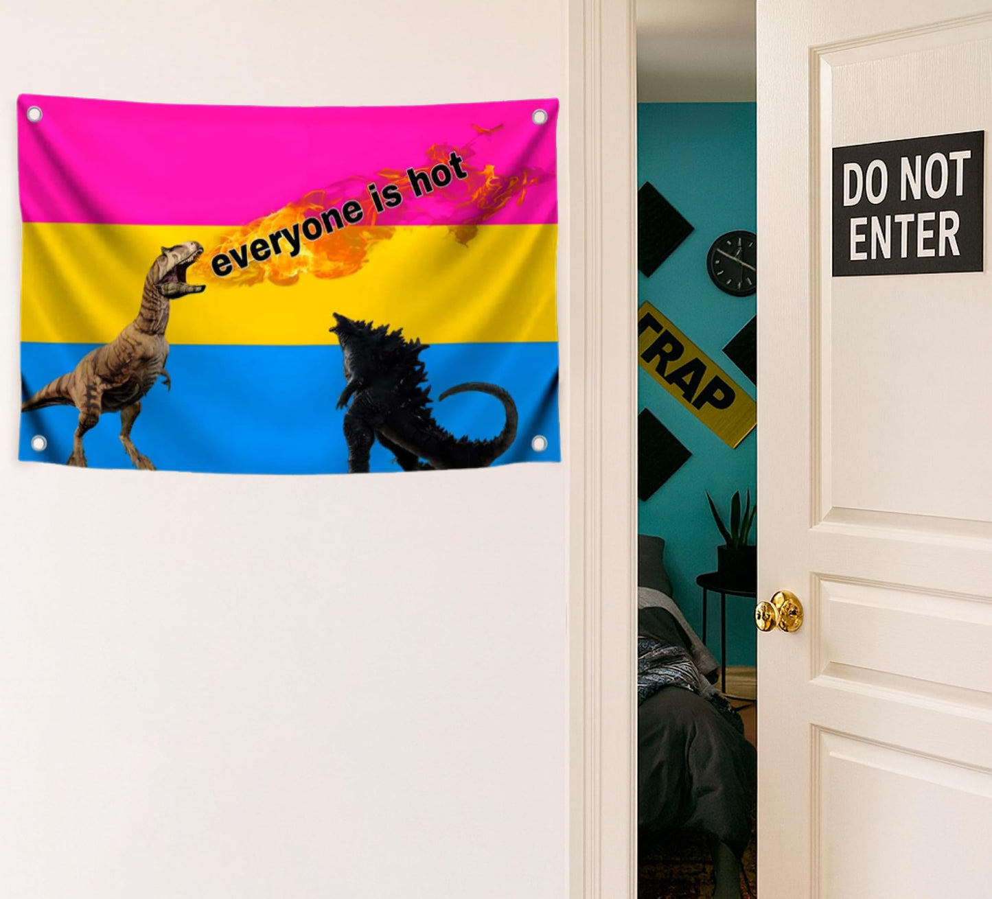3x5 Feet Tapestry Flag Everyone Is Hot with Four Brass Grommets - Fire Flag with Dinosaurs and Godzilla - Polyester LGBT Banner for Decor Student Bedroom - Banners Can Be Used Indoor or Outdoor