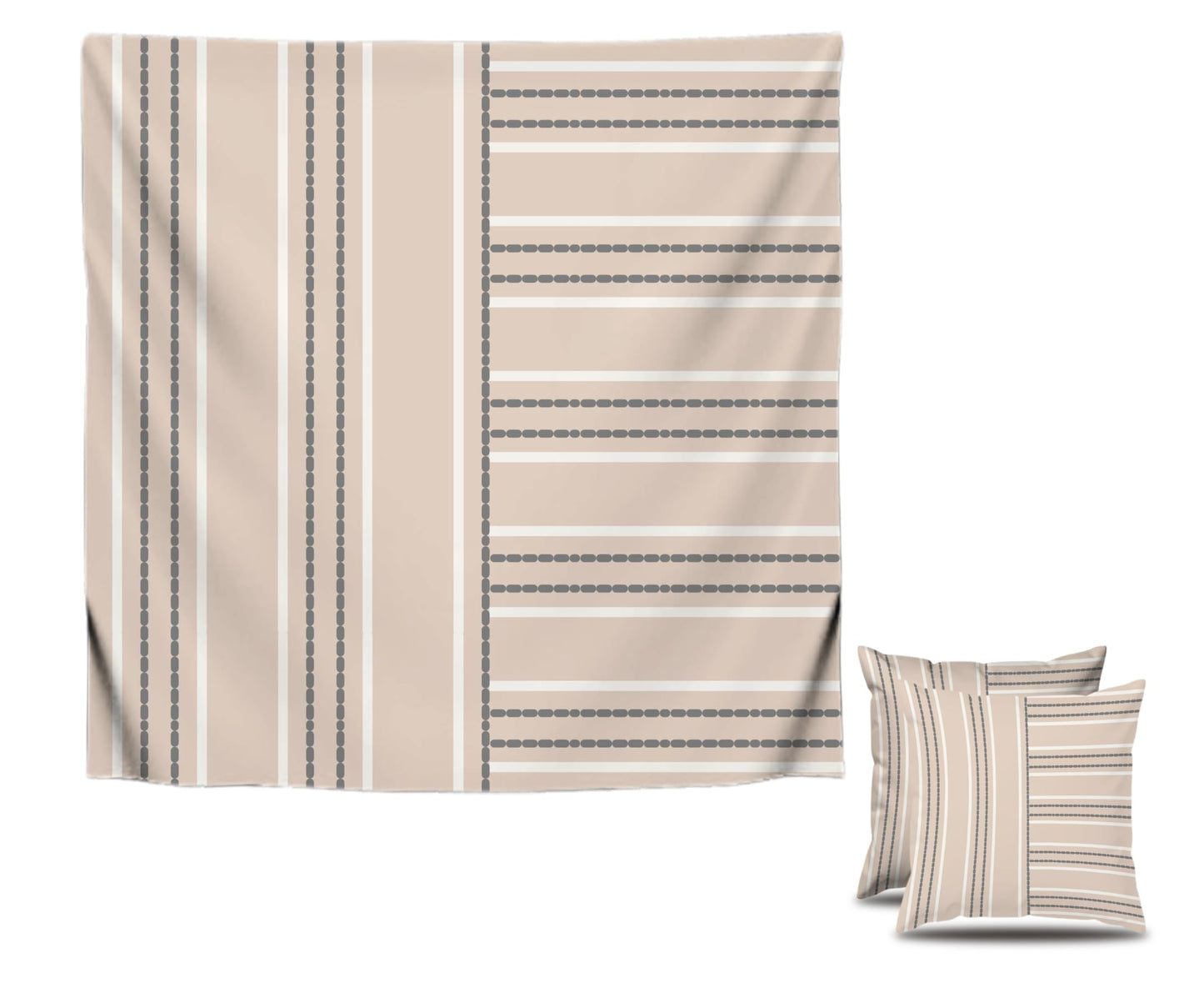 Set of 2 Decorative Throw Pillow Covers 18x18 Inches - Decorative Farmhouse in Linen Throw Pillow Case - Boho Textured Pillow Case - Beige with White and Gray Stripe - Cushion Cover for Sofa or Couch