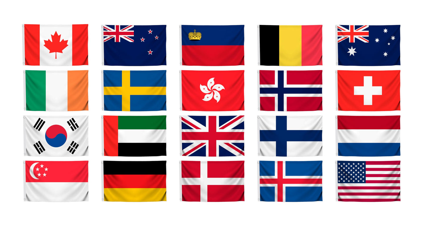 Set 20x World Human Development Index Single Sided Flags 3x5 Feet with 2 Grommets - Countries International Polyester Banners of the World - Country International Flags for Office or School Classroom